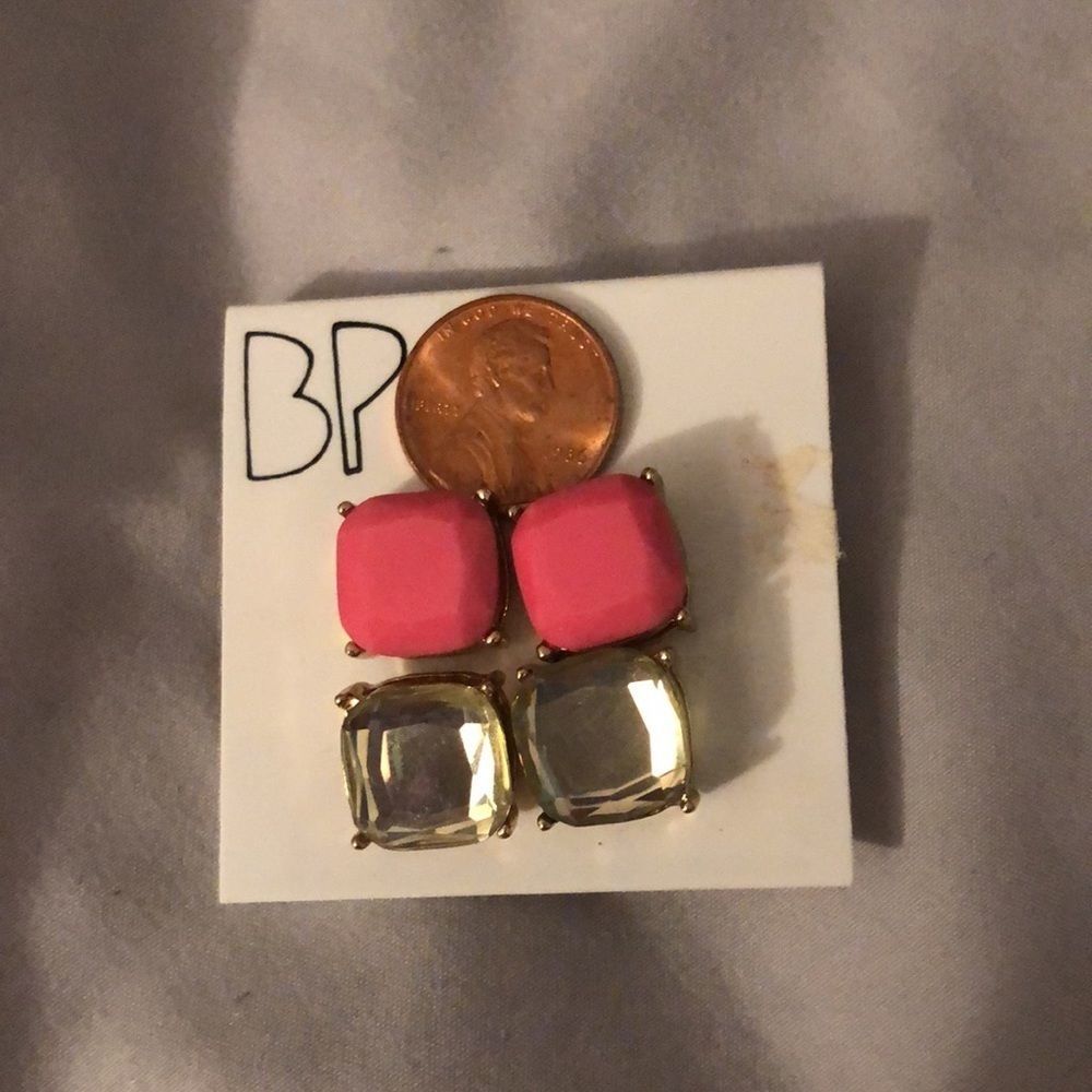 BP oversized stud earring. Gold setting. Pink pair and “diamond” pair.